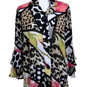 Multiples Womens Tunic Button-Up Blouse Abstract-Print 3/4 Sleeves Artsy Size L